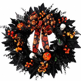 24 in Halloween Wreath for Front Door, Black Skeleton Spider Web Door Decor
