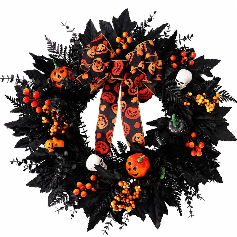 24 in Halloween Wreath for Front Door, Black Skeleton Spider