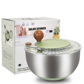 5.3Qt Stainless Steel Salad Spinner, Salad Spinner Stainless Steel With Stop Button & Drain Hole, Non-Slip Base, Vegetable Spinner Dryer, Dishwasher Safe For Kitchen