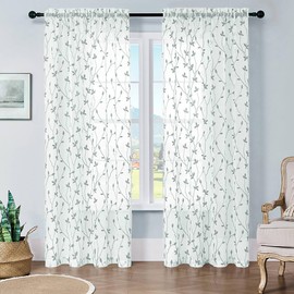 WUBODTI Grey Leaf Embroidered Sheer Curtain 72 Inches Long 2 Panels Set for Living Room, Rod Pocket Faux Linen Grey and White Light Filtering Leaves Patterned Curtains for Bedroom Dining Room