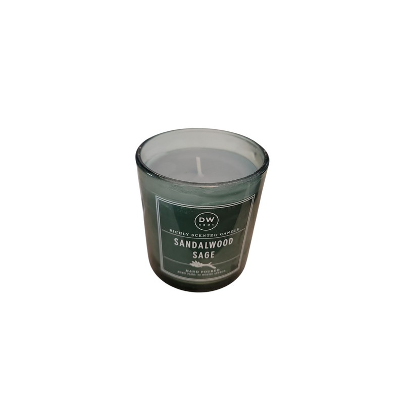 DW HOME SANDALWOOD SAGE CANDLE, SINGLE WICK, BLACK TIN LID,