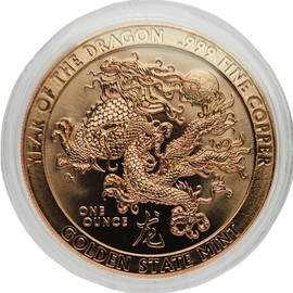 1oz .999 Fine Copper Round Size: 39mm Chinese Year of the Dragon with Capsule