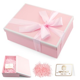 Gift Box with Lid, 25 x 18 x 9 cm, Premium Gift Box with Bows, Greeting Cards and Raffia, Foldable Gift Box, Birthday for Valentine's Day, Christmas, Wedding Anniversary, Anniversaries (Pink)