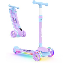 BELEEV Kids Scooter with LED Light-Up Wheels & Deck, 3 Wheel Folding Scooter for Toddlers Girls Boys Age 3-12, Adjustable Handlebar, Lean to Steer, Extra Wide Wheel, Kick Scooter for Children (Purple)