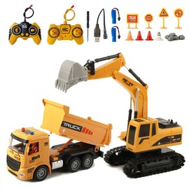 RC Construction Excavator Toy for Kids - 2.4GHz Remote Control, 680¬∞ Rotation, Realistic Lights & Sounds, Rechargeable Battery, Multi-Function Operation, Perfect for Indoor & Outdoor Play,Ideal Gift for Boys and Girls Ages 3+:_Excavator  dump truck set