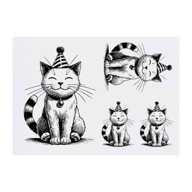 4 x 'Party Cat' Temporary Tattoos - Water Resistant, Skin-Safe, Non-Toxic Transfers, Mixed Sizes (TO00083178)