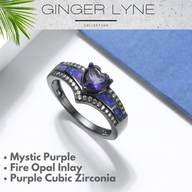 Black Engagement Ring for Women by Ginger Lyne | Promise Ring for Her | Mystic Purple Cubic Zirconia Wedding Rings | Simulated Fire Opal Birthstone or Bridal for Women