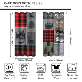 Cabin Rustic Bear Deer Blackout Curtains - Abstract Farmhouse Hunting Theme Wild Animal Plaid Check Adventure Grommet Window Curtain Set Energy Saving Thermal Insulated Drapes,2 Panels 45L x 21W
