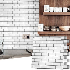 Art3d 10-Sheet Peel and Stick Backsplash Tile for Kitchen - 12”×12” Stick on Wall Tile for Kitchen Bathroom Countertop Living Room, Warm White with Black Grout