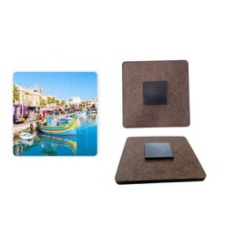 Island Gifting Decorative Masonite Fridge Magnets Featuring Image of The Marsaxlokk harbos Colorful Fishing Boats in Malta