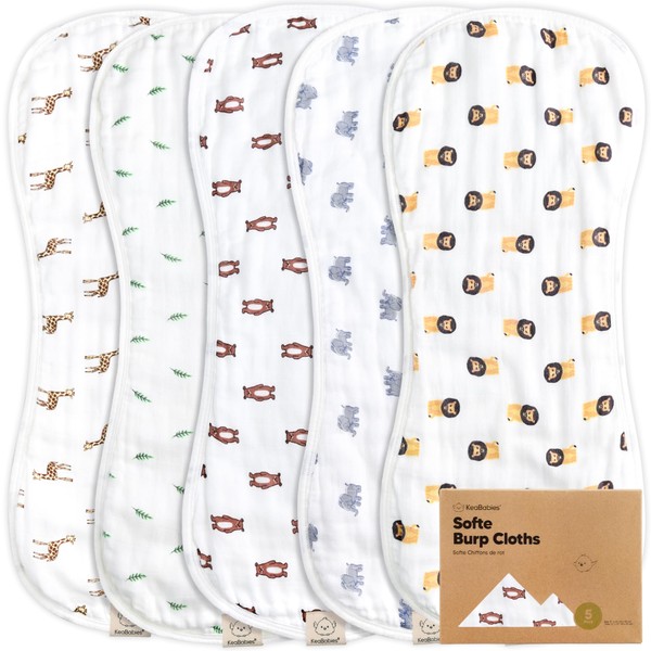 5-Pack Muslin Burp Cloths Baby Boy, Girl - Viscose from Bamboo Cotton Burp Cloth, Burping Cloths for Babies, Neutral Burp Clothes for Girls, Boys, Spit Up Burp Rags, Large Baby Burp Cloths (The Wild)