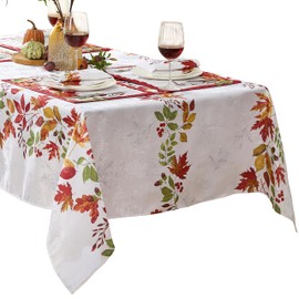 Newbridge Thanksgiving Autumnal Green and Red Flourishing Leaves Rectangle Fabric Tablecloth, 60 x 102 Inch, Light Cream Damask Table Cover for Holiday Party Banquet and Dining