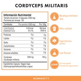 NEWMANITY Cordyceps Adaptógeno 30,000 mg - 150 Dosis Extracto Ultra Concentrado 30:1 Cordyceps Sinensis 50% Beta Glucanos Adaptógenos para Mujer Suplemento Alimenticio 100% Natural