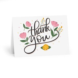 Floral Thank You Greeting Card - Hand-Lettered Appreciation Note with Pink and Yellow Flowers - Ideal for Gratitude, Acknowledgement, Thankfulness, Special Occasions - Blank Inside