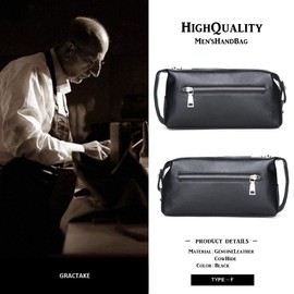 GRACTAKE 2nd Bag, Men's, Genuine Leather, Handbag, Drum Type, Black-F