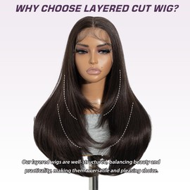 Joedir Long layered straight Wigs with Curtain Bangs Synthetic Lace Front Wigs for Woman Pre Plucked 13x4x1 Lace Wig 24 Inches Long Middle Part Layered Wig