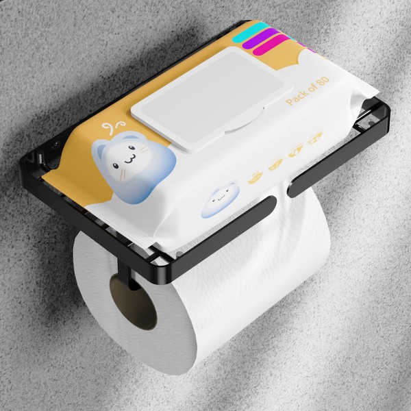 AIDILI Matte Black Toilet Paper Holder with Phone Shelf, Adhesive