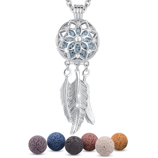 EUDORA Harmony Dreamcatcher Floating Locket Aromatherapy Essential Oil Diffuser Pendant Necklace with 7PCS Lava Stone, Women Nice Gift Jewelry, 24"