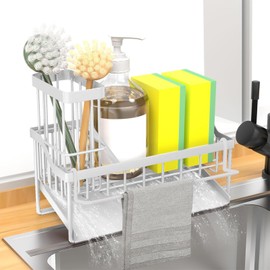 FunMacchi Sink Organiser - Kitchen Organiser with Sponge Holder, Dish Brush Holder & Tea Towel Holder with Automatic Drain System for Worktop or Wall Mounting (White)