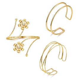 REVOLIA 3Pcs Arm Cuff Bracelet Gold Upper Arm Band Cuff for Women Adjustable Arm Cuff Bangle Bracelet Minimalist Coil Flower Armlet Armband Jewelry Set Style-C Gold