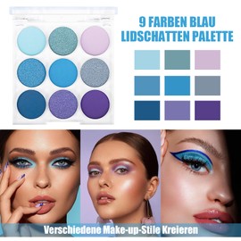 Blau Lidschatten Palette, 9 Farben Eyeshadow Palette Matt Schimmernde, Hochpigmentierter Liedschatenpalete mit Glatt Puder, Wasserfest & Wischfest Make Up Palatte, Blue Augen Make Up Urlaubs & Alltags