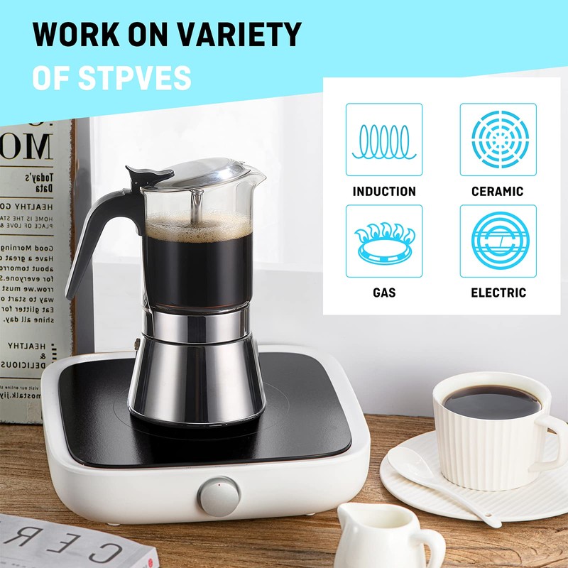 SIXAQUAE Moka Induction Stovetop Espresso Maker,Crystal Glass-top & Stainless Steel