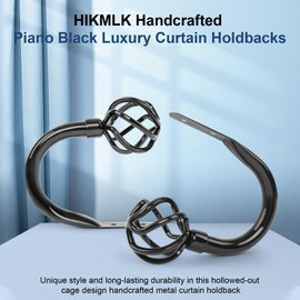 HIKMLK 2pcs Piano Black Metal Curtain Tiebacks - High-Gloss Solid Cast Iron Geometric Holdbacks & Side Holders, Luxury Pull Back Holders for Drapes Window Home Decor