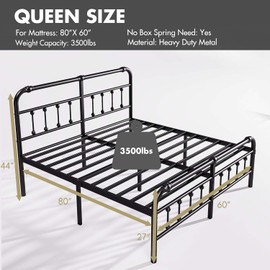 ZIYOO Metal Queen Size Bed Frame with Headboard and Footboard, 18 Inch High, 3500 Pounds Support, Vintage Decor, No Box Spring Needed Platform, Non-Slip and Noise-Free, Easy Assembly Black