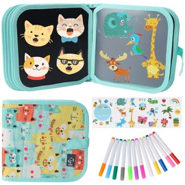 Qrytoi Erasable Book Doodle Set for Kids,Magic Drawing Book for Kids,Reusable Drawing Book 12 Watercolor Pens 14 Page Drawing,Road Trip Car Game Writing Painting Set for Boys and Girls (Orange Cats)