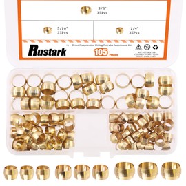 Rustark 105Pcs 1/4” 3/8” 1/2” Brass Compression Fitting Sleeves Ferrules Assortment Kit Tube Hose Ferrule Compression Fitting Set