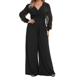 RED DOT BOUTIQUE 701 - Plus Size Mesh Long Sleeve V Wrap Neck Wide Leg Pants One Piece Jumpsuit (Black, XL)