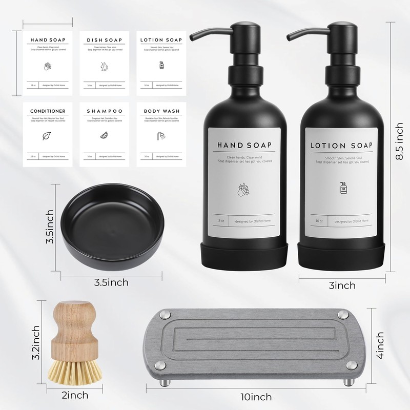 [Luxury] Kitchen Soap Dispenser Set - 16OZ Black Glass Bottle,