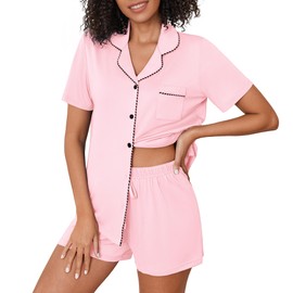 Ekouaer Pajama Set for Women Classic Loose Short Sleeve Pjs Set with Pockets,Large,Pink