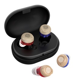 Swaloo Miniature Rechargeable Touch Hearing Aids for Seniors and Adults Severe Hearing Loss with Noise Cancelling，Easy Volume Control，Blue & Red Pair With Portable Charging Case，Suitable Gift for Elders (black)
