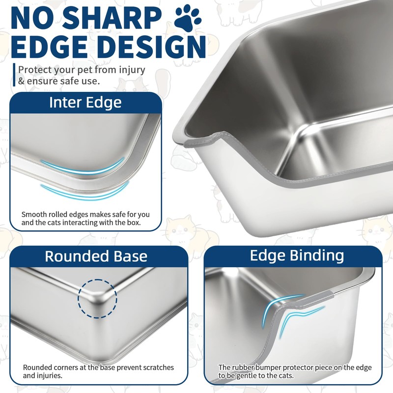 FHTONGE Low Entry Thickened Stainless Steel Cat Litter Box, 23.6x15.8