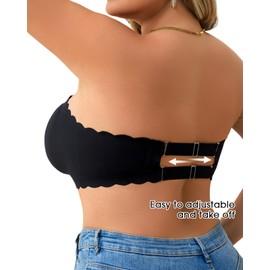 USEASY Strapless Bras for Women Scalloped Wireless Everyday Bra Push Up Full Coverage Bandeau Bras Black 1XL