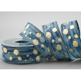 15 m x 40 mm Decorative Ribbon Galaxy Blue Gold Fabric Ribbon with Wired Edges Dove Blue Ribbon Gift Ribbon Linen Look Woven Easy Decorate Crafts Christmas Shine Advent Elegant