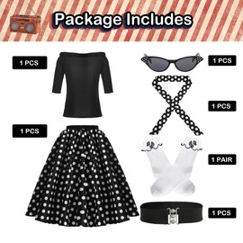 Leadtex Sock Hop Outfits Women, 1950s Poodle Skirts, Poodle T-Shirt with 50s Accessories Socks Scarf Belt Eye Glasses (Black,XXL)