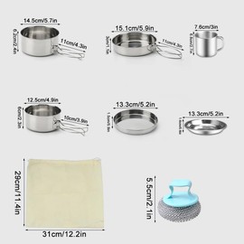 burkfeeg Camping Cooking Pot Set, 9-Piece Outdoor Camping Cookware Stainless Steel 2-3 People Foldable Outdoor Cooking Pot Camping Tableware Pot Plate for Picnic Camping Hiking