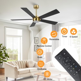 ELEHINSER 64" Ceiling Fan with Light and Remote Control, Modern Dimmable LED Light, 6-Speed Noiseless Reversible DC Motor, 5 Plywood Ceiling Fan for Kitchen Bedroom Living Room Black/Gold