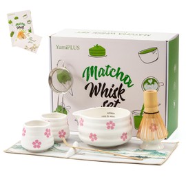 YumiPLUS Complete 9pcs Matcha Set with Cups, Cherry Blossom Matcha Bowl and Whisk set for Beginner, Ceremonical Tea Making Kit with Mugs,Cute Matcha Gift Set for Starter(Sakura)