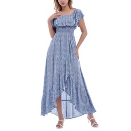Summer Boho Floral Off Shoulder Dress for Women Ruffled Elastic High Waist Slit Flowy A Line Sundress Summer Casual Maxi Dress Homecoming Beach Wedding Guest Garden Tea Party Long Dresses Blue M