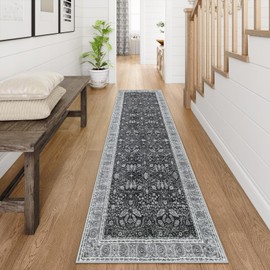 Lahome Kitchen Runner Rugs Non Skid Washable, Soft 2x8 Hallway Runner Rugs with Rubber Backing, Vintage Floral 8ft Long Carpet Runners for Bathroom, Entryway, Farmhouse Bedroom, Black