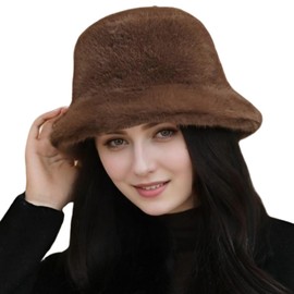 Winter Faux Fur Fuzzy Bucket Hat Fluffy Warm Hat Furry Fisherman Cap for Women (Brown)