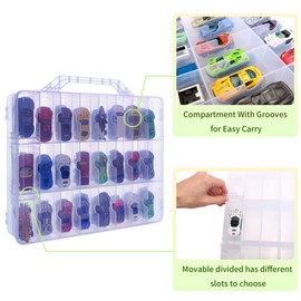 KISLANE Double Sided Toy Car Storage Case for 48 Hot Wheels, Matchbox Cars, Mini Toys, Small Dolls, Portable Transparent Storage Case for Hot Wheels, Matchbox Cars with 48 Compartments, Case Only