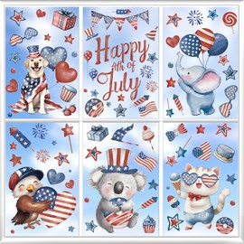 Heirloom Haven 6 Sheets 4th of July Patriotic Window Clings Stickers,Watercolor Animals Fireworks and Stars Double-Sided Window Decals for Independence Day Store Glass Home Holiday Decoration