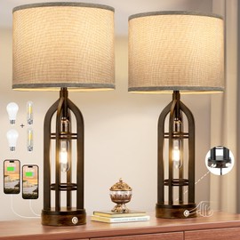 Table Lamp for Living Room - Grey Farmhouse Lamps for Night Stands with USB C+A, 3 Way Dimmable End Table Lamps Set of 2, Vintage Bedside Lamp for End Tables, Rustic Nightstand Lamps for Bedroom