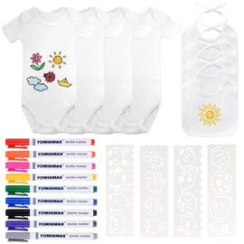 HTTYHT Set of 4 Bibs for Painting, DIY White Baby Bibs Set, Cotton Neckerchief, 4 Pieces Short Sleeve Bodysuit with 9 Textile Pens and 2 Painting Stencils for Baby Shower, Games, Baby Shower,