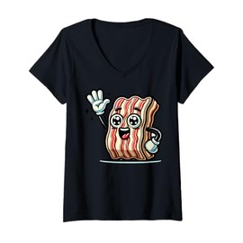 Womens Cartoon Bacon Character Waving And Smiling For Children V-Neck T-Shirt