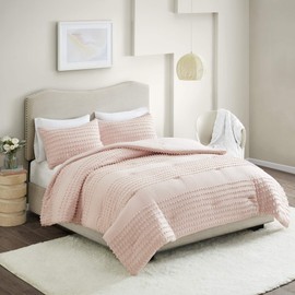 Comfort Spaces Phillips Cotton Comforter Set Cotton Jacquard Pom-Pom Tufts Design, Hypoallergenic Down Alternative, All Season Modern Bedding, Matching Shams, Twin/Twin XL, Blush 3 Piece